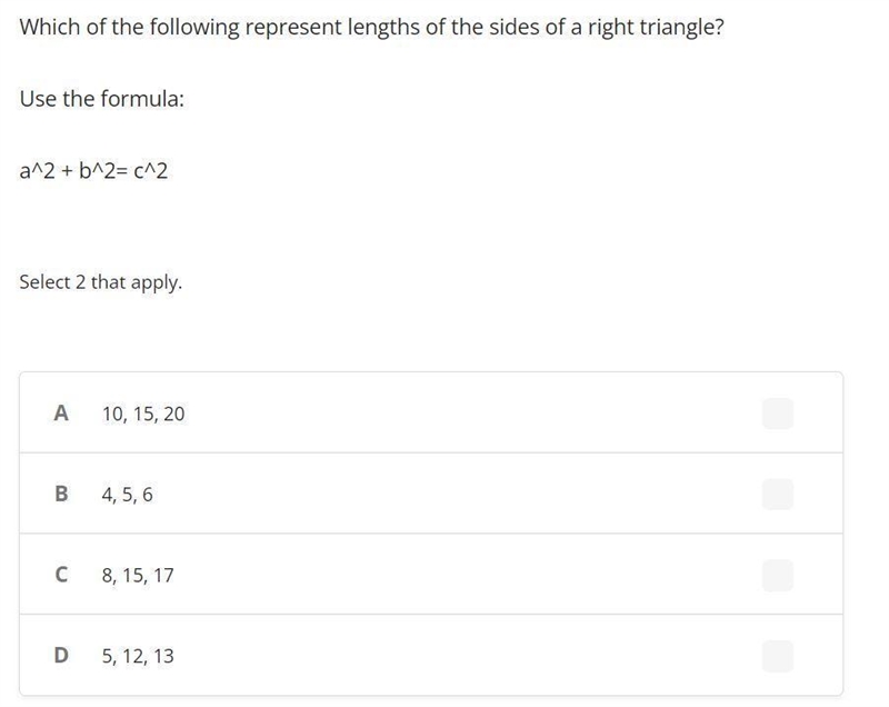 Which of the following represent lengths of the sides of a right triangle? Use the-example-1