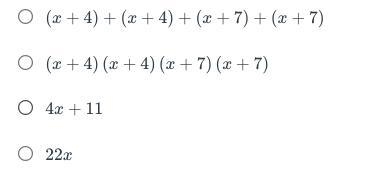 A rectangle has a length of (x+4) feet and a width of (+7) feet. The expression 2(x-example-1