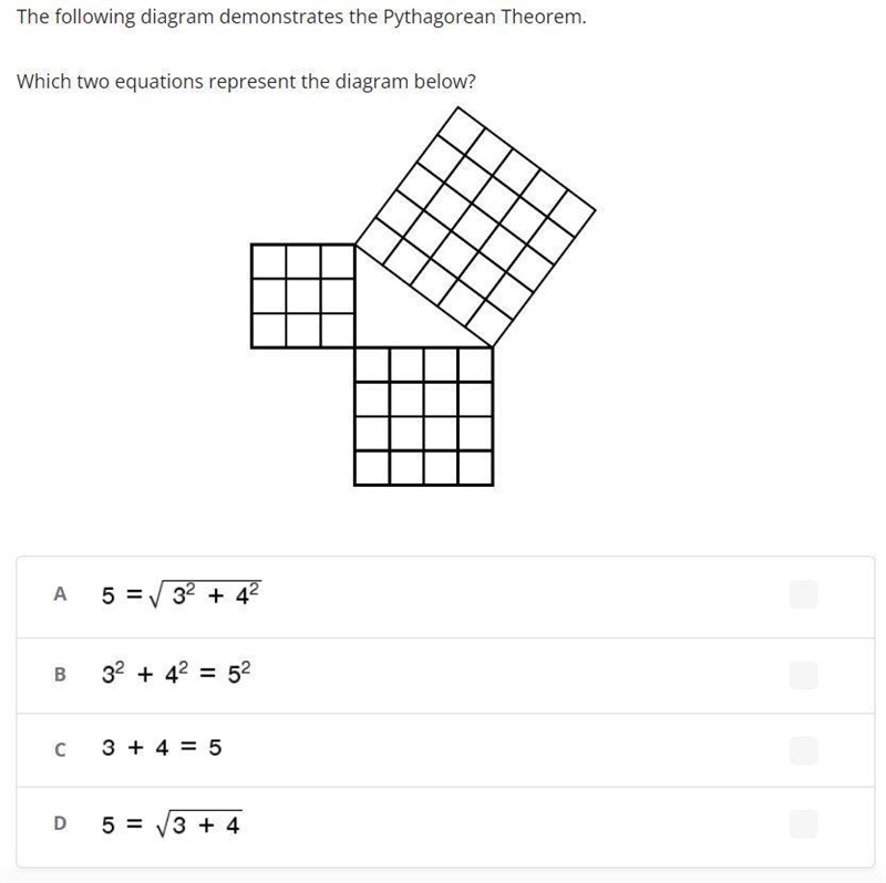 The following diagram demonstrates the Pythagorean Theorem. Which two equations represent-example-1