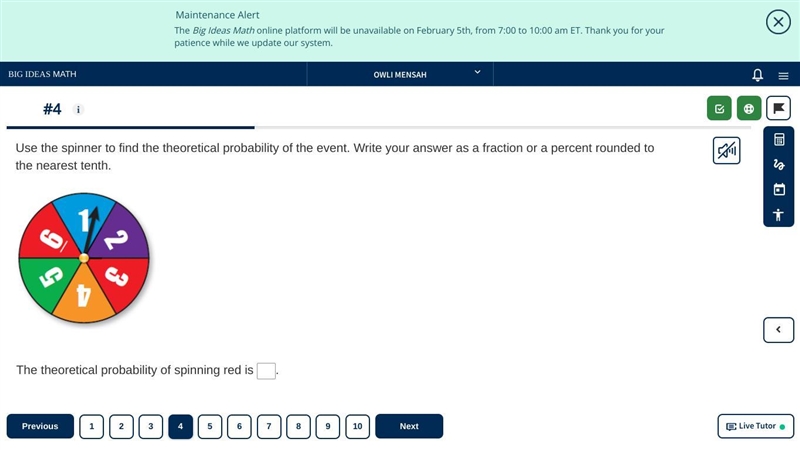 Use the spinner to find the theoretical probability of the event. Write your answer-example-1