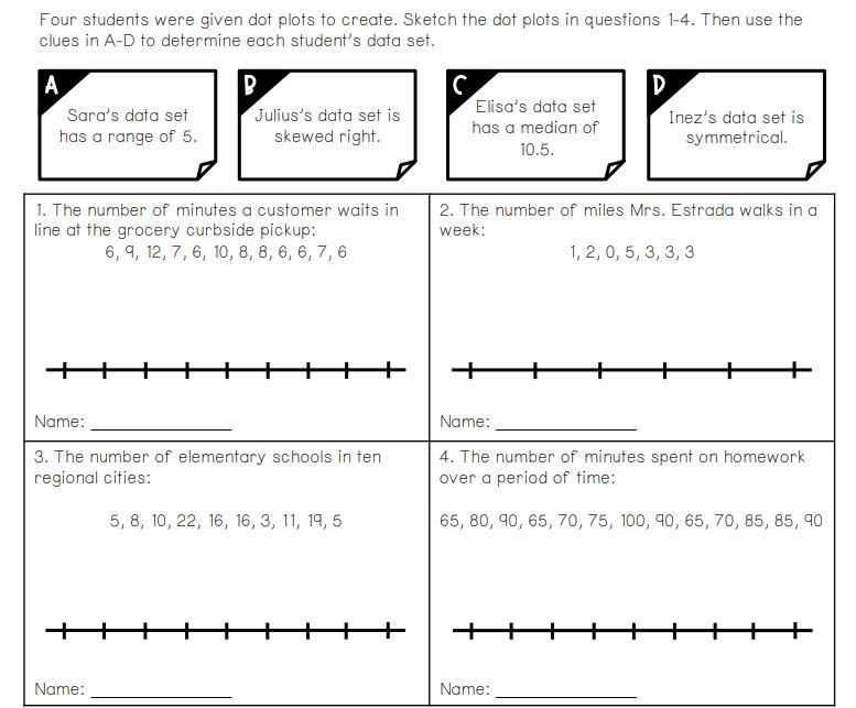 Four students were given dot to create. Sketch the dot plots in questions 1-4. Then-example-1