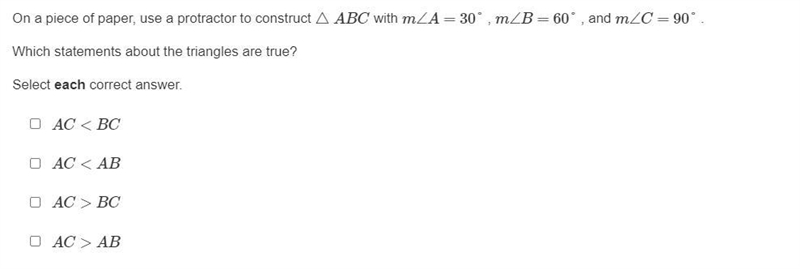 On a piece of paper, use a protractor to construct △ABC with m∠A=30° , m∠B=60° , and-example-1