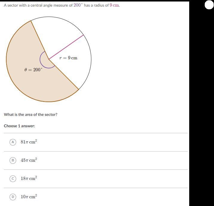 A sector with a central angle measure of 200 degrees has a radius of 9cm-example-1