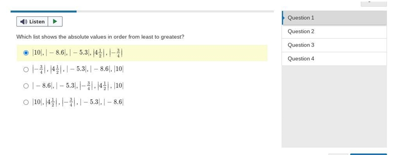 Which list shows the absolute values in order from least to greatest? HELP MEEE-example-1