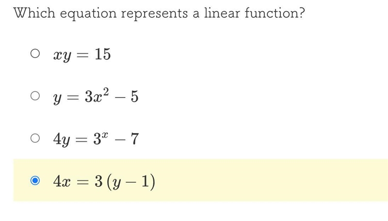 Which one is a Linear Equation?-example-1