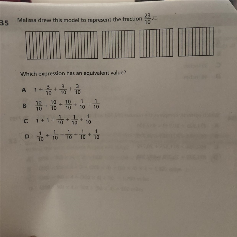 Melissa drew this model to represent the fraction 23 10 Which expression has an equivalent-example-1