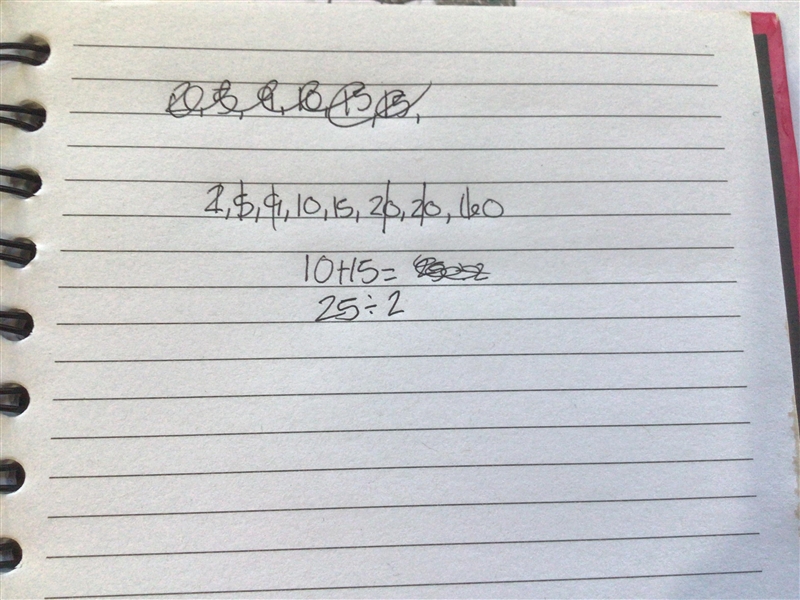 Find the median of the data set: 10, 5, 60, 20, 15, 20, 9, 2 17.625 12.5 20 58 60-example-1