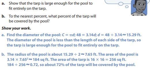 Keb wants to put a swimming pool in his backyard. He buys a square tarp to go under-example-1