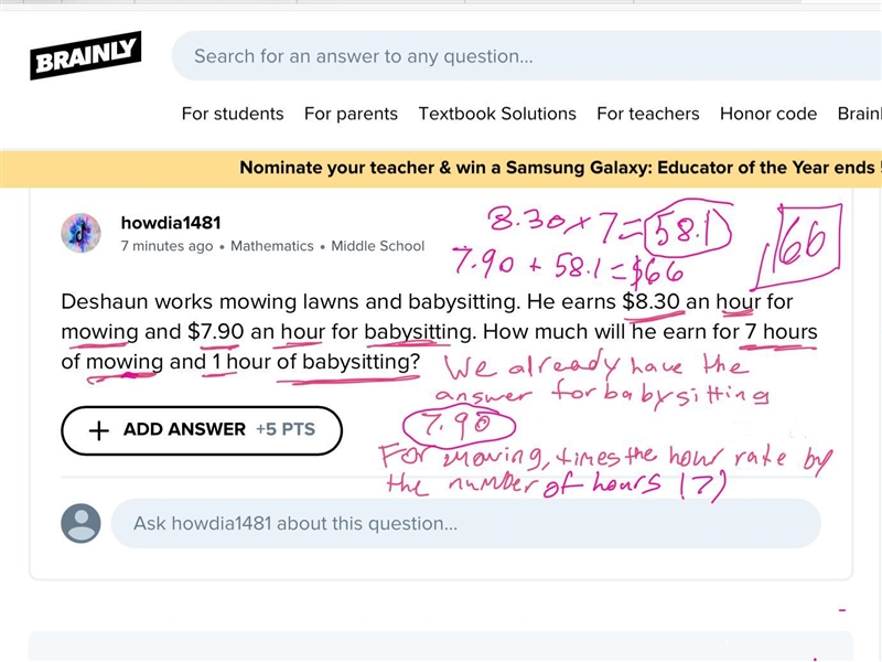 Deshaun works mowing lawns and babysitting. He earns $8.30 an hour for mowing and-example-1