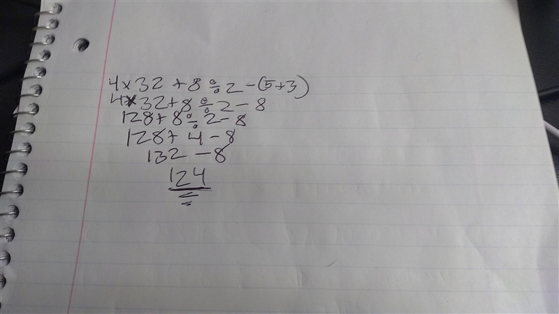 Problem: 4 × 32 + 8 ÷ 2 - (5 + 3)-example-1