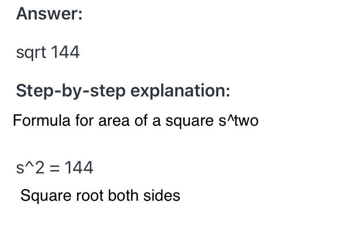 dory is buying a square shaped canvas with an area 144 squared inches. which shows-example-1