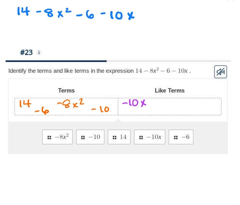 Identify the terms and like terms in the expression 14-8^2-6-10x-example-1