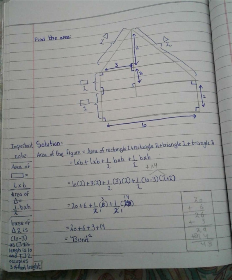 The composite shape is made up of two different rectangles and two different triangles-example-1