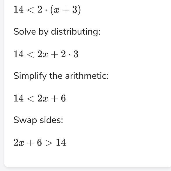 Solve each inequality below. Graph the solution on a number line 14<2(x+3)-example-1