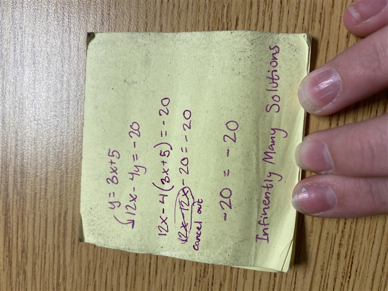 Show work to find the solution for the system: y = 3x + 5 12x - 4y = -20-example-1