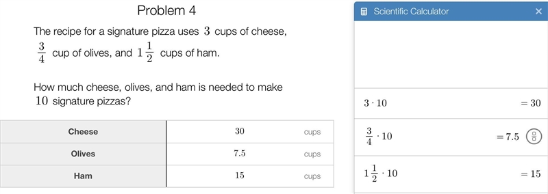 The recipe for a signature pizza uses 3 cups of cheese, 3/4 cup of olives, and 1 1/2 cups-example-2