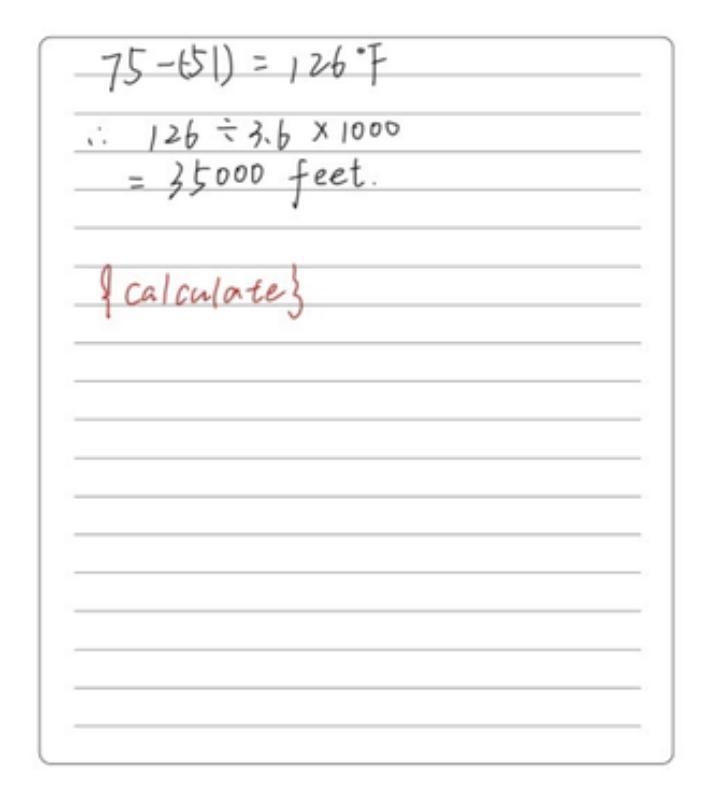 As an airplane rises. the outside temperature from 3.6F for every 1000 feet of elevation-example-1