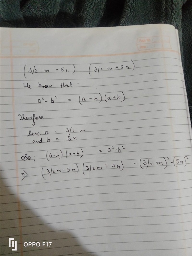 9. Expand using identites. 1) (3/2 m - 5n) (3/2 m + 5n)-example-1