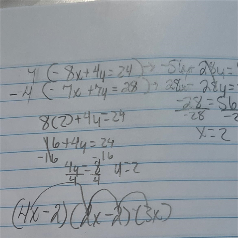 Find the solution to the system of equations. -8x+4y=24 and -7x+7y=28 x= y=-example-1