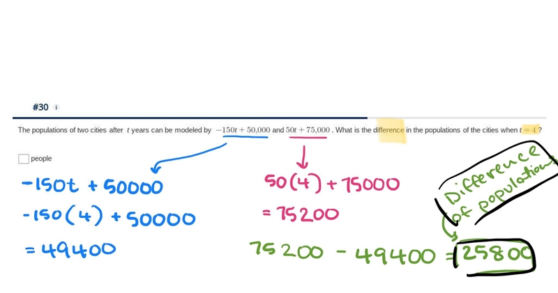 The populations of two cities after t years can be modeled by-example-1