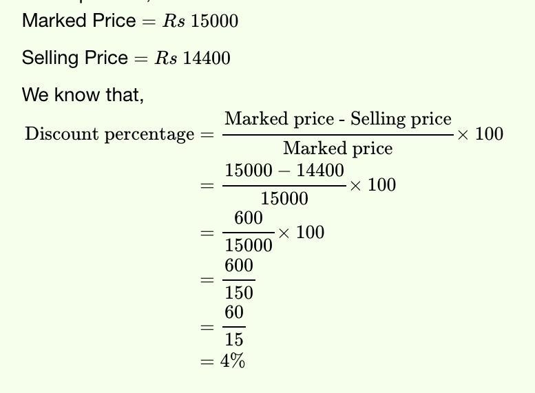 A table marked at Rs 15,000 is available for Rs 14,400. Find the discount percent-example-1