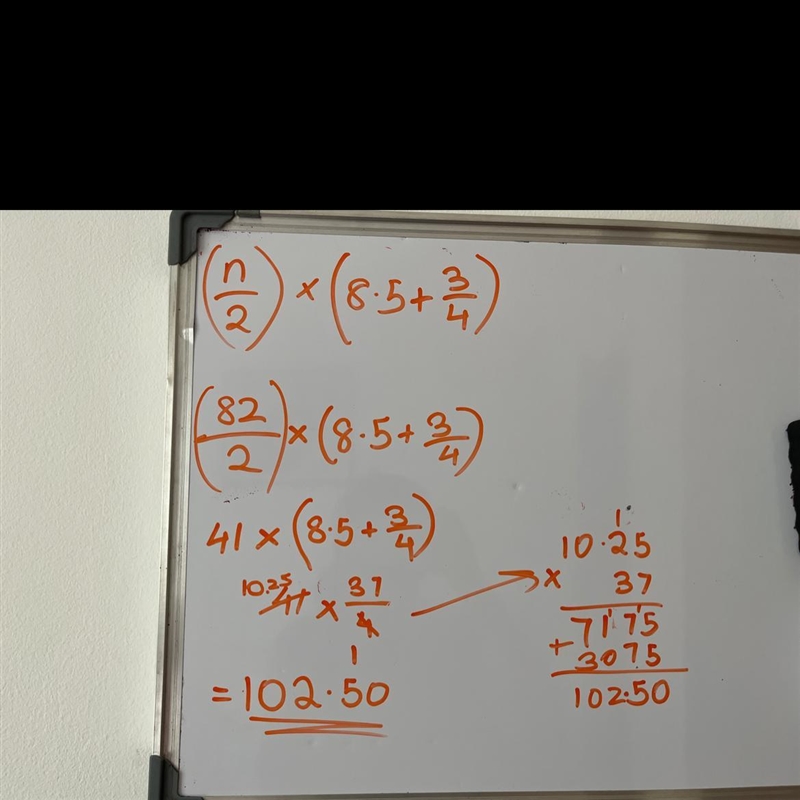 What is ((n)/(2)) x (8.5 + (3)/(4)) when n = 82-example-1