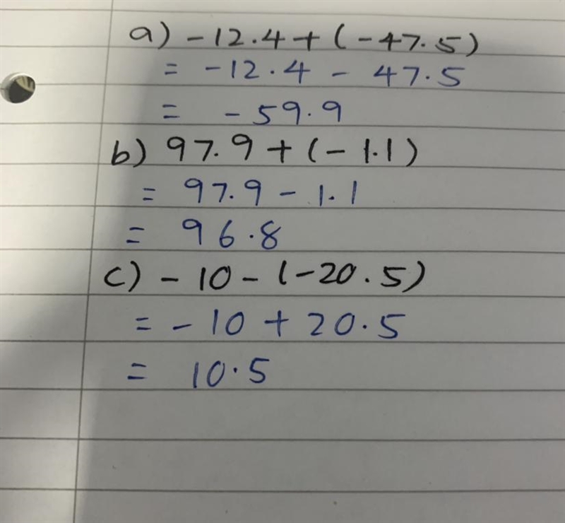 Add the following numbers a. - 12.4 + ( - 47.5) = b. 97.9 + ( - 1.1) = c. - 10 - ( - 20.5) =-example-1