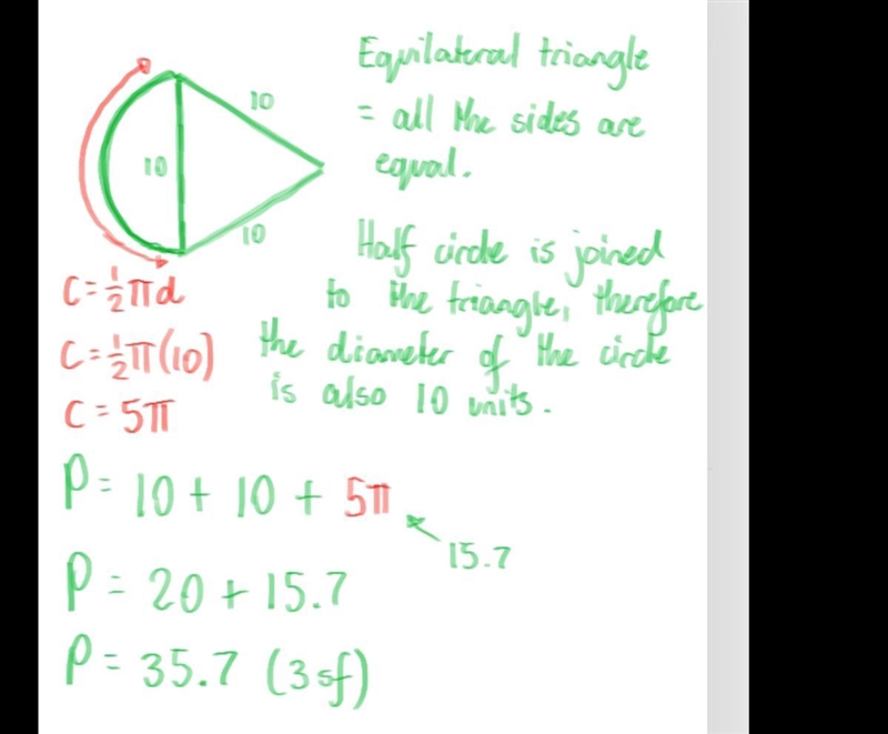 A half-circle is joined to an equilateral triangle with side lengths of 10 units. What-example-1