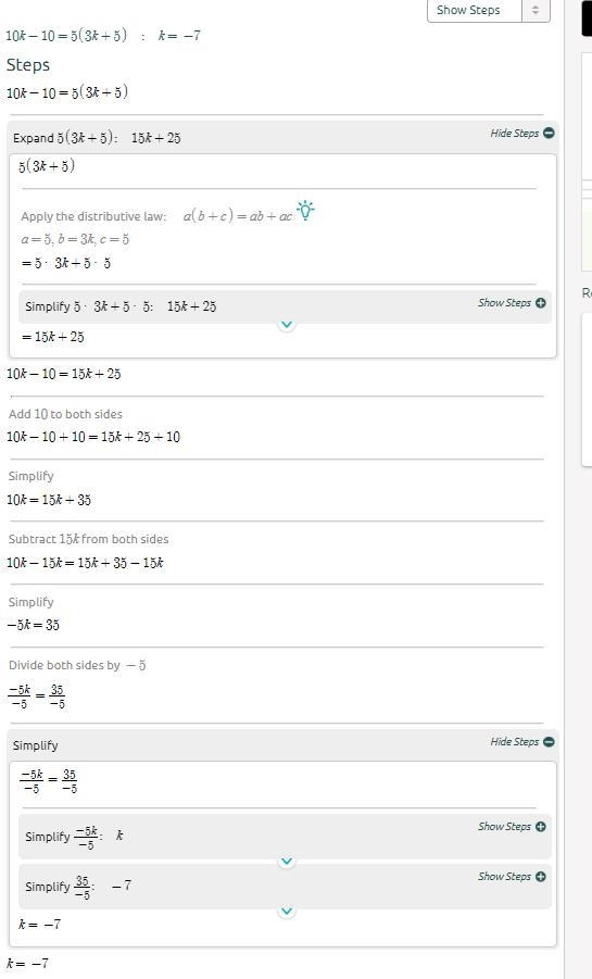 Solve for k. 10k–10=5(3k+5)-example-1