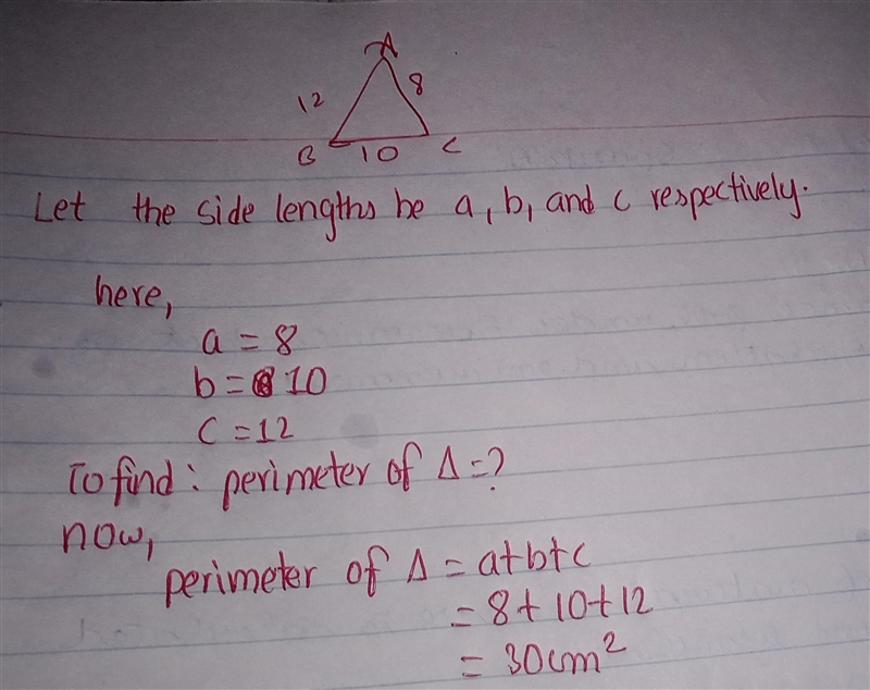 Find the perimeter of a triangle with sides lengths 8, 10, and 12. 36 14 15 30-example-1