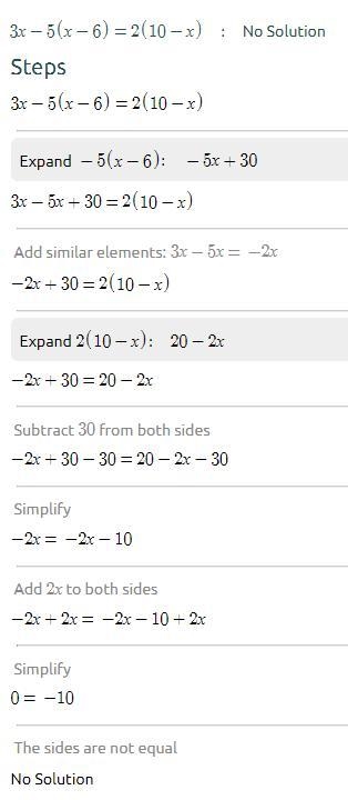 3x−5(x−6)=2(10−x) What does x equal?-example-1