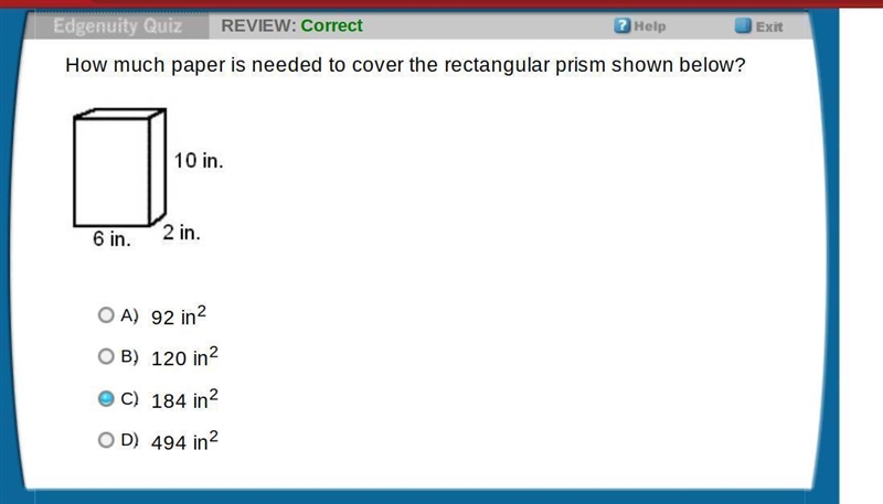 How much paper is needed to cover the rectangular prism shown below? A. 17 in2 B. 80 in-example-1