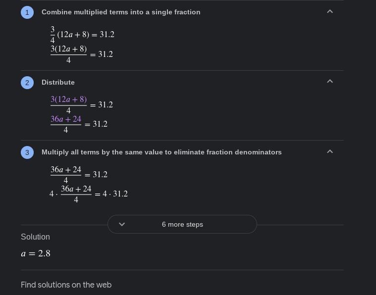 Use the Distributive Property to solve the equation. 3/4 (12a + 8) = 31.2 CHECK THE-example-1