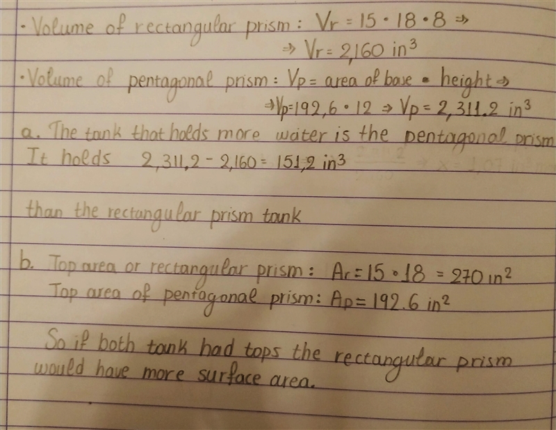 Two fish tanks are shown below, one in the shape of a right rectangular prism and-example-1