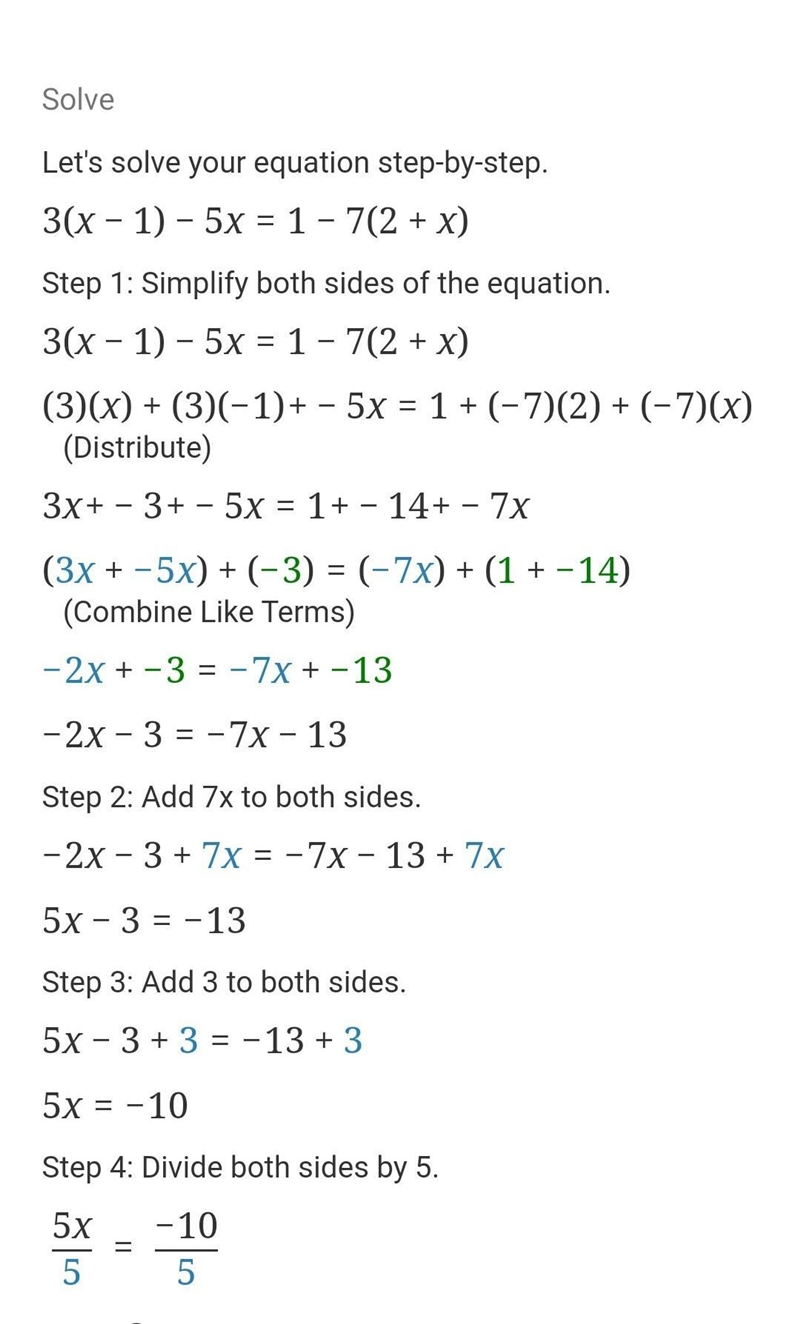 Solve for x: 3(x - 1) - 5x = 1 - 7(2 + x) ASAP PLS-example-1