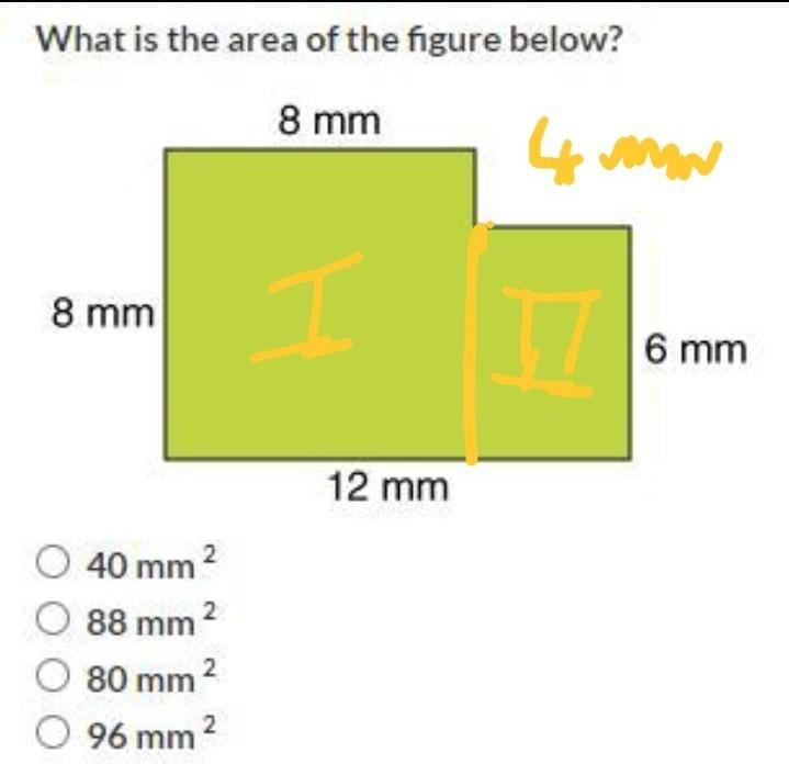 What is the area of the figure below? 40mm^(2) 88mm^(2) 80mm^(2) 96mm^(2)-example-1