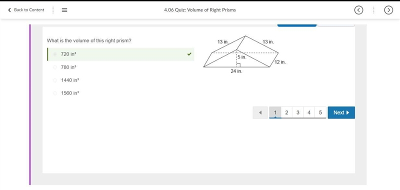 What is the volume of this right prism? 720 in³ 780 in³ 1440 in³ 1560 in³-example-1