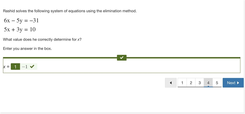 Rashid solves the following system of equations using the elimination method. 6x−5y-example-1