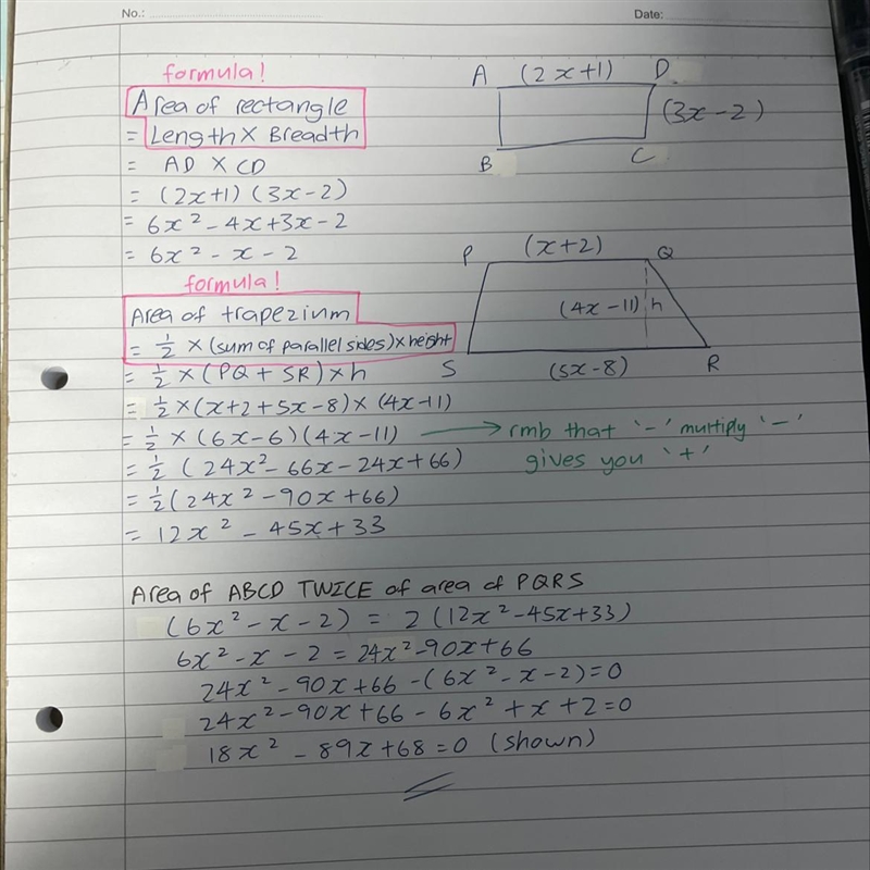 ABCD is a rectangle in which AD = (2x + 1) cm and DC = (3x - 2) cm. PQRS is a trapezium-example-1