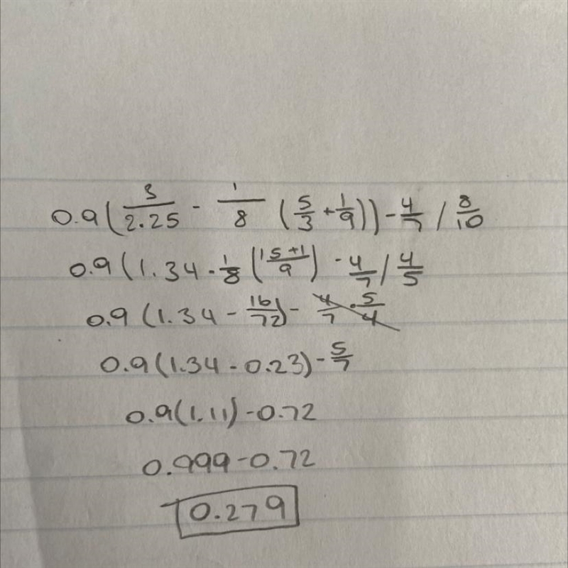 0.9(3/2.25-1/8(5/3+1/9))-4/7 / (8/10)-example-1