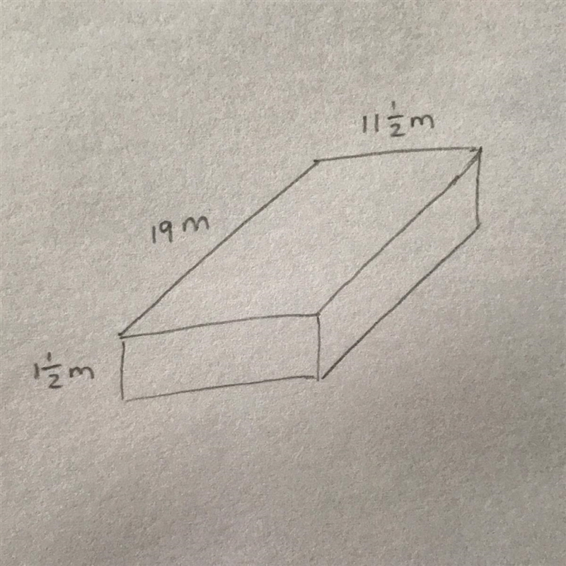 A rectangular swimming pool is 19 meters long, 11 1/2 meters wide, and 1 1/2 meters-example-1