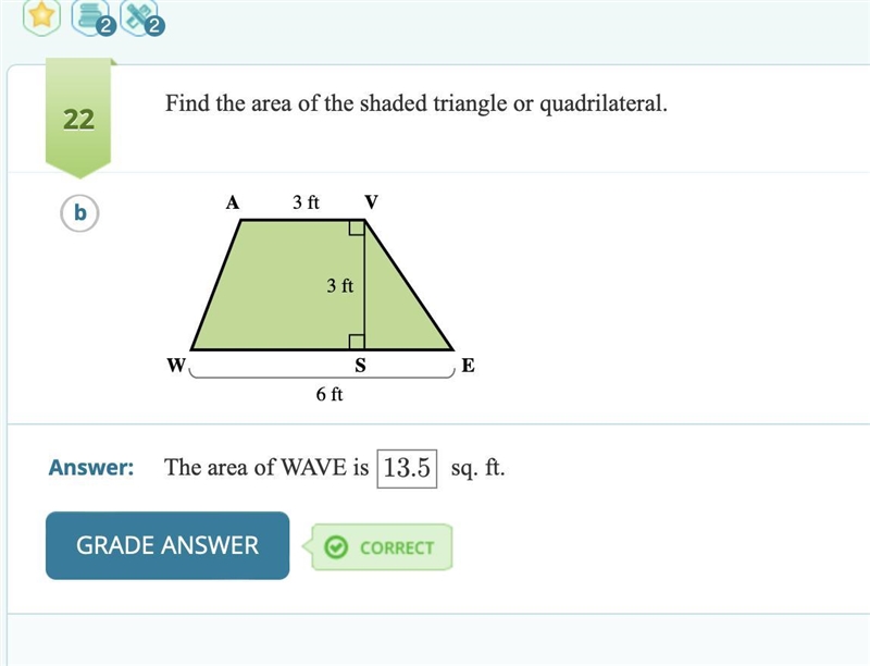 Find the area of the shaded triangle or quadrilateral.-example-1