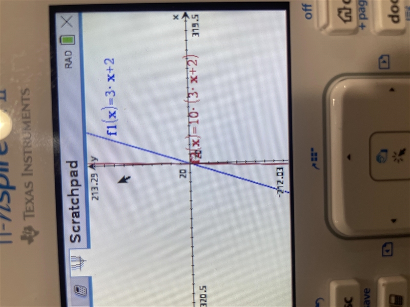 Given the graph of f(x) = 3x + 2 and the graph of g(x) = 10(3x+2), how does the graph-example-1