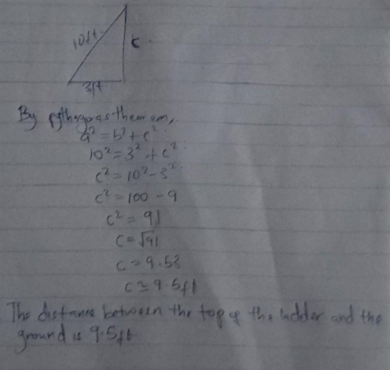 the bottom of a ladder must be placed 3 feet from the wall. The ladder is 10 ft long-example-1