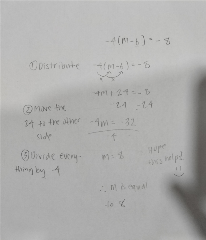 Find the value of m: −4(m − 6) = −8-example-1