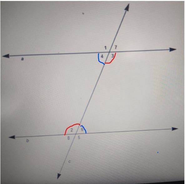 In this figure, lines a and b intersect a transversal, c. What is the relationship-example-1