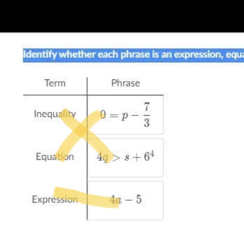 Identify whether each phrase is an expression, equation, or inequality.-example-1