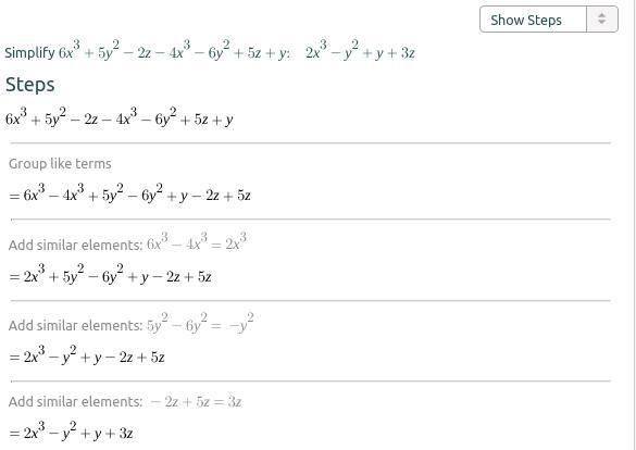 Simplify 6x^3+5y^2-2z-4x^3-6y^2+5z+y-example-1