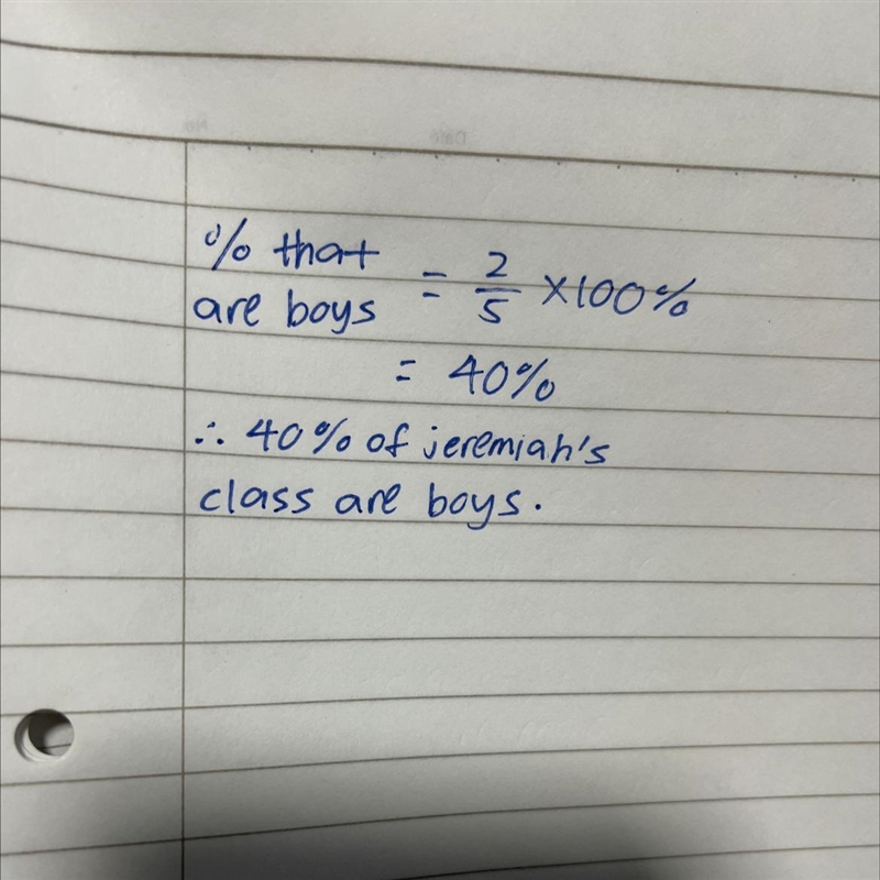 In jeremiah class 2/5 of the students are boys. What percent of the in jeremiah's-example-1