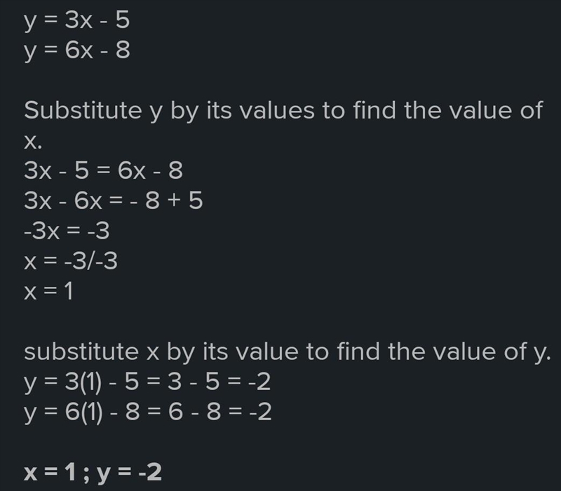 PL I NEED THIS NOW A pair of equations is shown below: y = 3x − 5 y = 6x − 8 If the-example-1